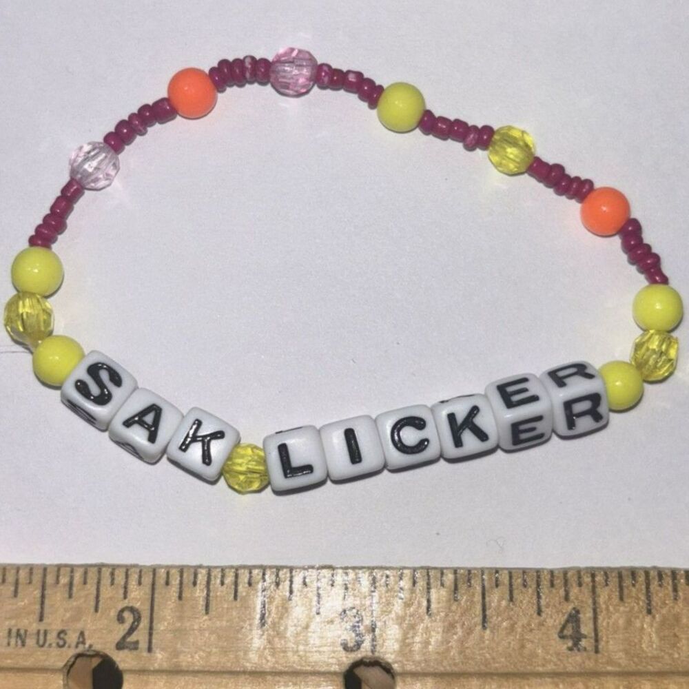 Handmade Pink Beaded Letter Bracelet "SAK LICKER" Adjustable Stretch